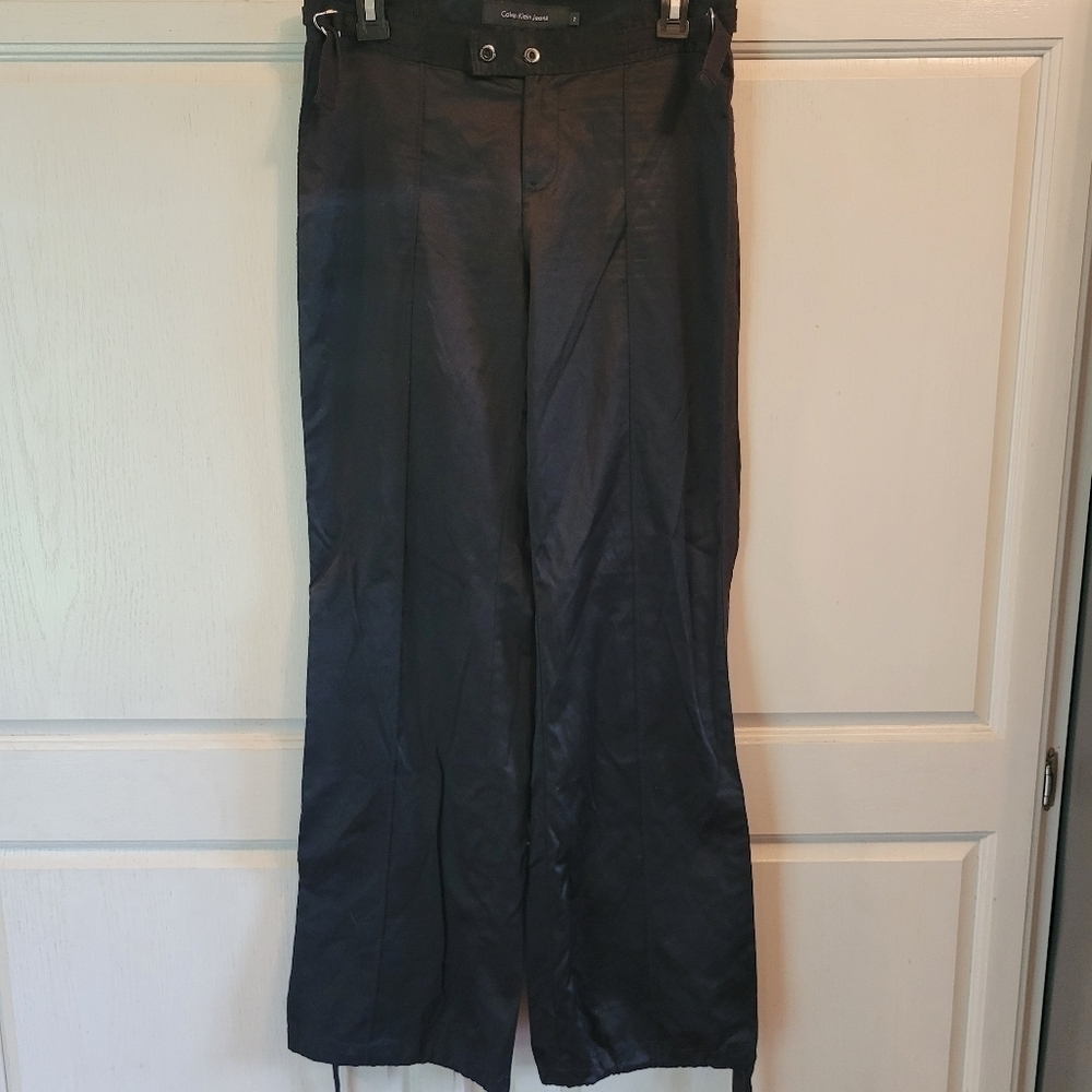 Y2K Calvin Klein Black Satin-like Wide Leg Trouser Pants
